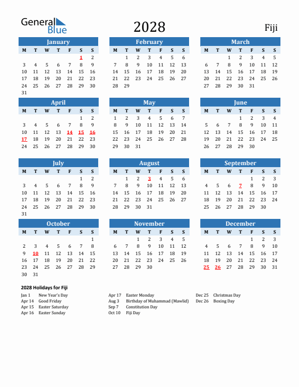 Printable Calendar 2028 with Fiji Holidays (Monday Start)