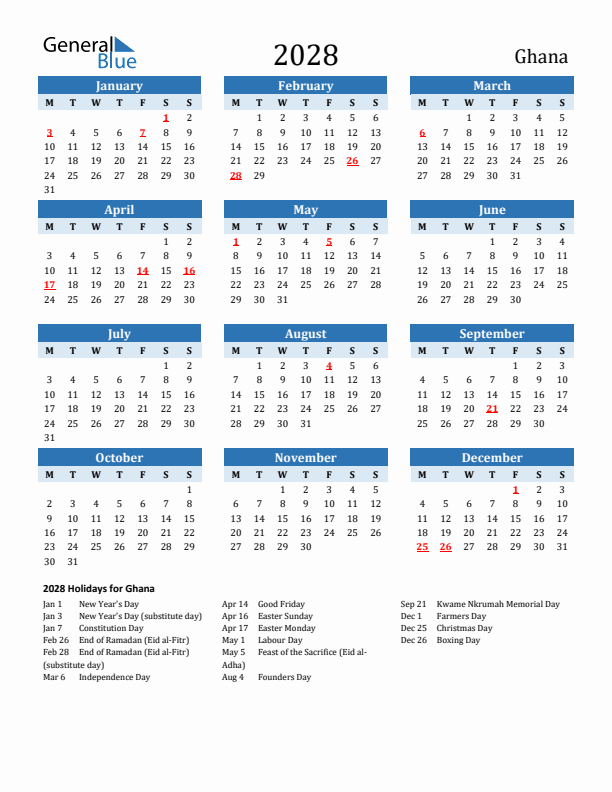 Printable Calendar 2028 with Ghana Holidays (Monday Start)