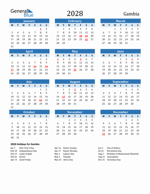Printable Calendar 2028 with Gambia Holidays (Monday Start)
