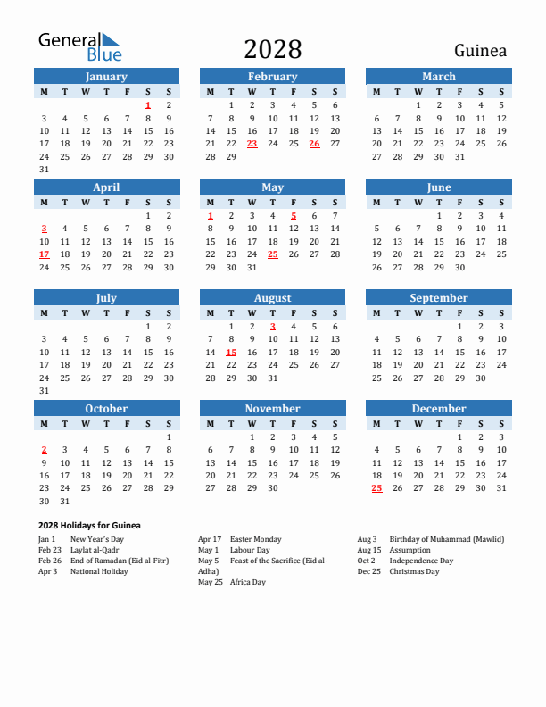 Printable Calendar 2028 with Guinea Holidays (Monday Start)