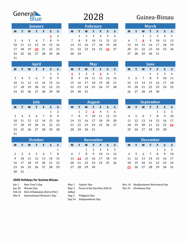 Printable Calendar 2028 with Guinea-Bissau Holidays (Monday Start)
