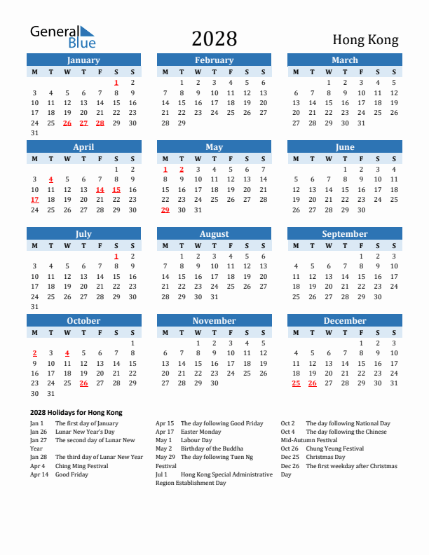 Printable Calendar 2028 with Hong Kong Holidays (Monday Start)