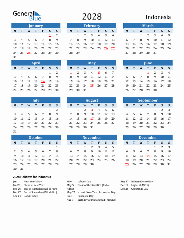 Printable Calendar 2028 with Indonesia Holidays (Monday Start)