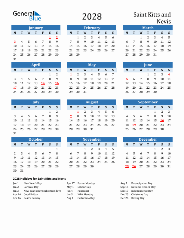 Printable Calendar 2028 with Saint Kitts and Nevis Holidays (Monday Start)