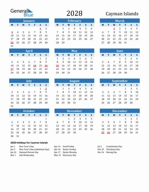 Printable Calendar 2028 with Cayman Islands Holidays (Monday Start)