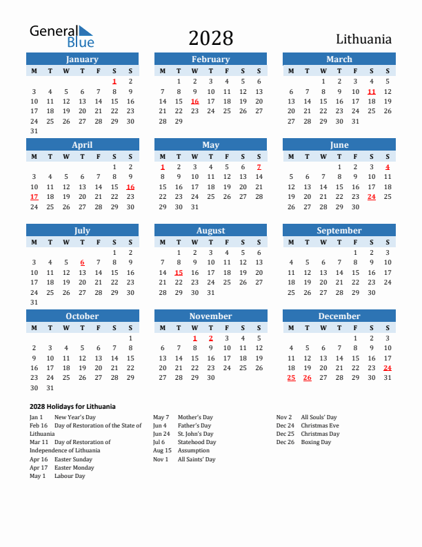 Printable Calendar 2028 with Lithuania Holidays (Monday Start)