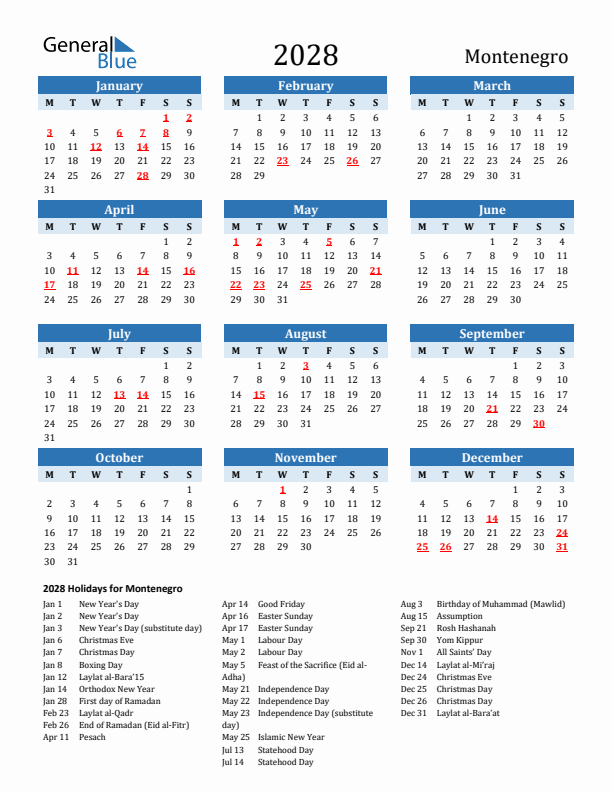 Printable Calendar 2028 with Montenegro Holidays (Monday Start)