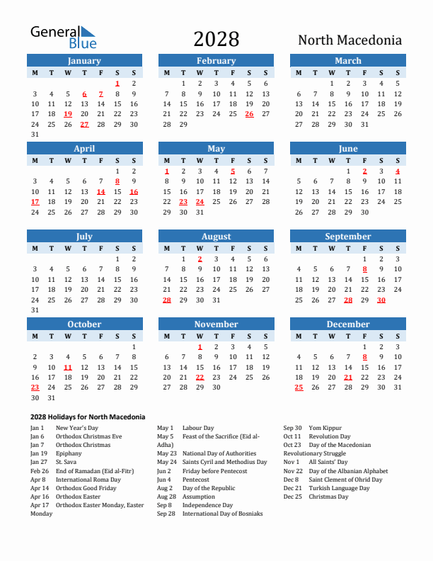 Printable Calendar 2028 with North Macedonia Holidays (Monday Start)
