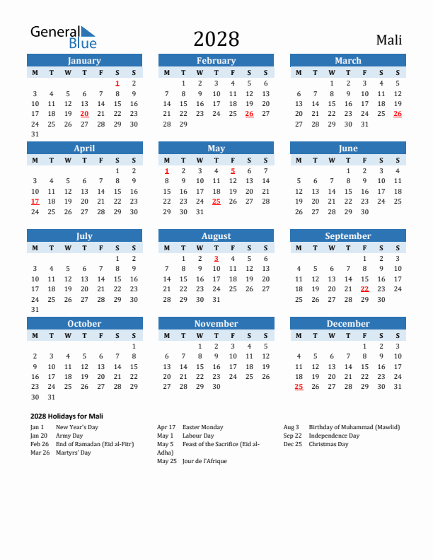 Printable Calendar 2028 with Mali Holidays (Monday Start)