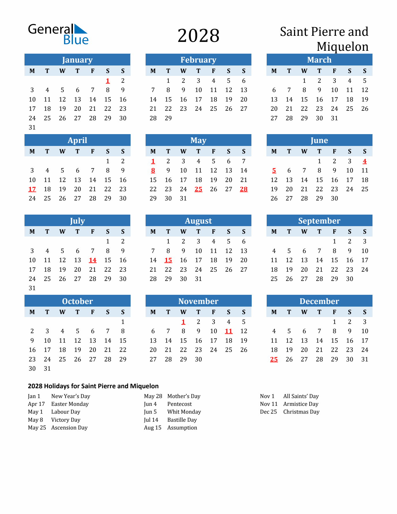Printable Calendar 2028 with Saint Pierre and Miquelon Holidays (Monday Start)