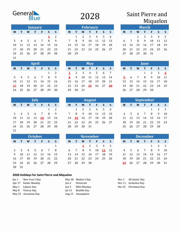 Printable Calendar 2028 with Saint Pierre and Miquelon Holidays (Monday Start)