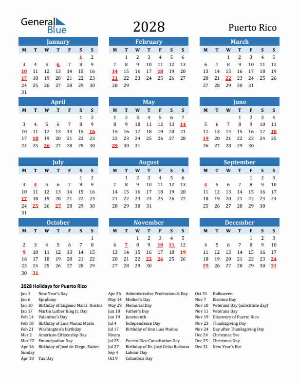 Printable Calendar 2028 with Puerto Rico Holidays (Monday Start)