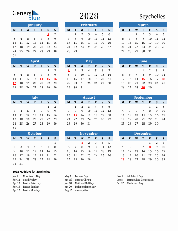 Printable Calendar 2028 with Seychelles Holidays (Monday Start)