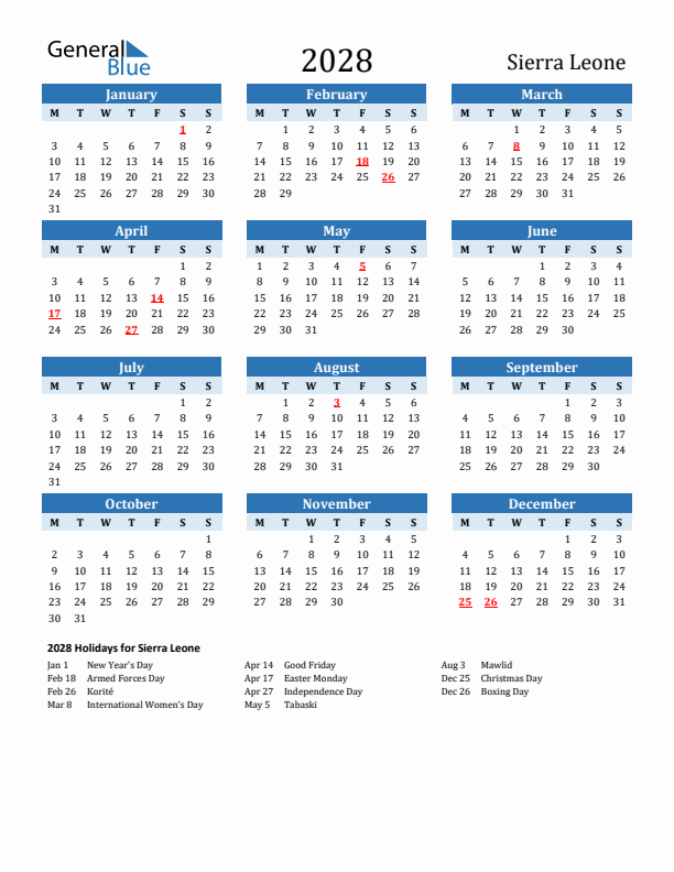 Printable Calendar 2028 with Sierra Leone Holidays (Monday Start)
