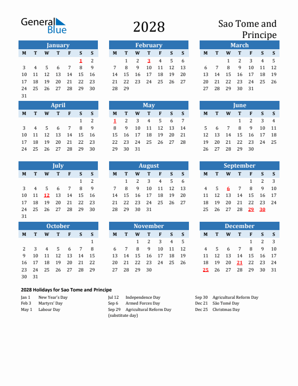 Printable Calendar 2028 with Sao Tome and Principe Holidays (Monday Start)