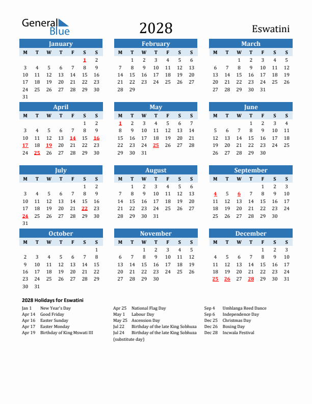 Printable Calendar 2028 with Eswatini Holidays (Monday Start)