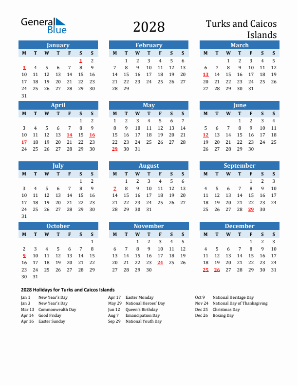 Printable Calendar 2028 with Turks and Caicos Islands Holidays (Monday Start)