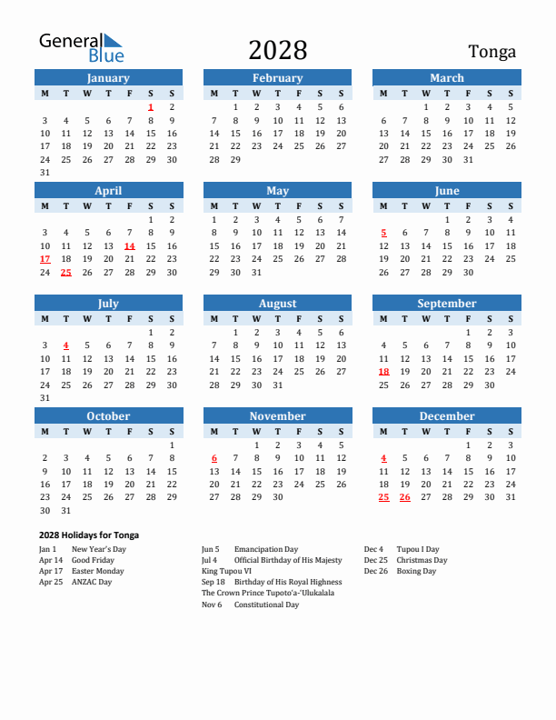 Printable Calendar 2028 with Tonga Holidays (Monday Start)