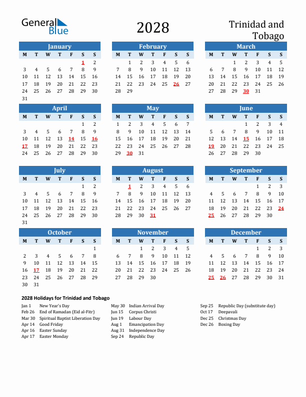 Printable Calendar 2028 with Trinidad and Tobago Holidays (Monday Start)