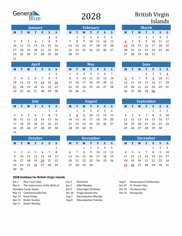 Printable Calendar 2028 with British Virgin Islands Holidays (Monday Start)