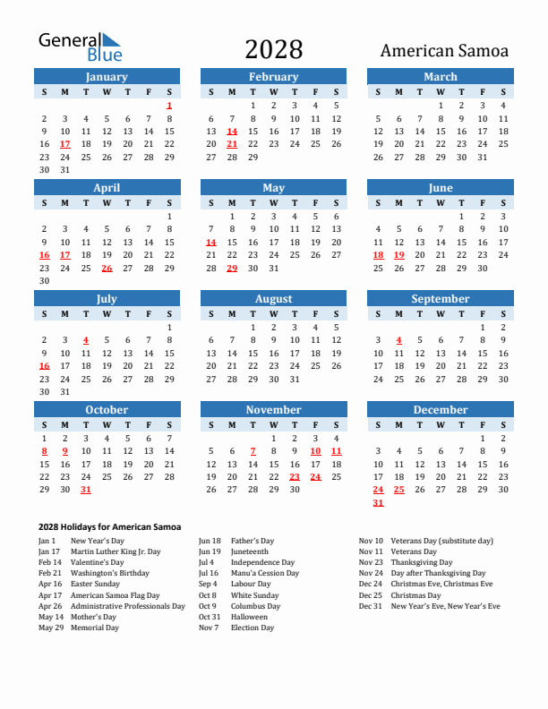 Printable Calendar 2028 with American Samoa Holidays (Sunday Start)