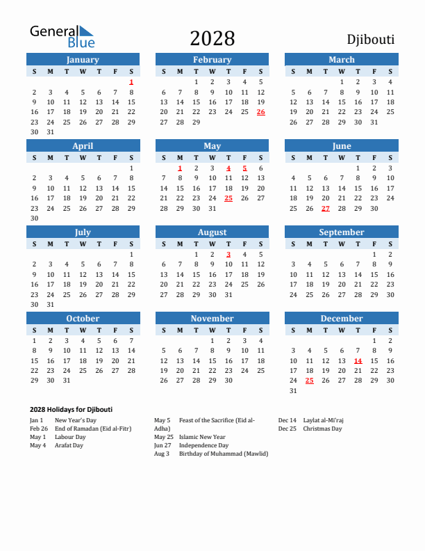 Printable Calendar 2028 with Djibouti Holidays (Sunday Start)