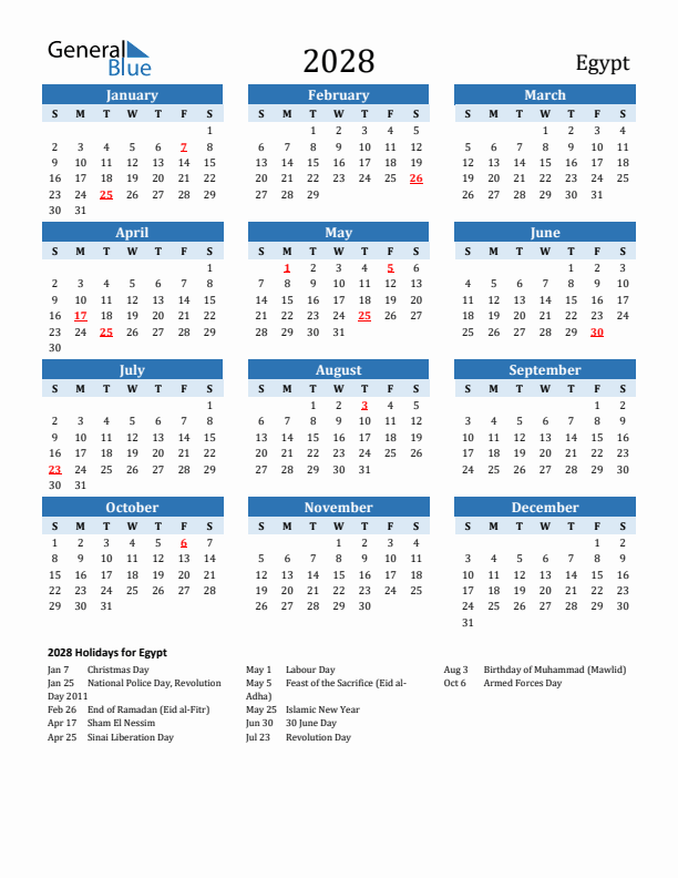 Printable Calendar 2028 with Egypt Holidays (Sunday Start)