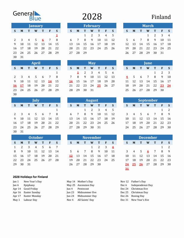 2028 Printable Calendar With Finland Holidays 2028 Printable Calendar With Finland Holidays