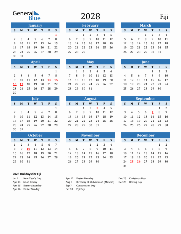 Printable Calendar 2028 with Fiji Holidays (Sunday Start)