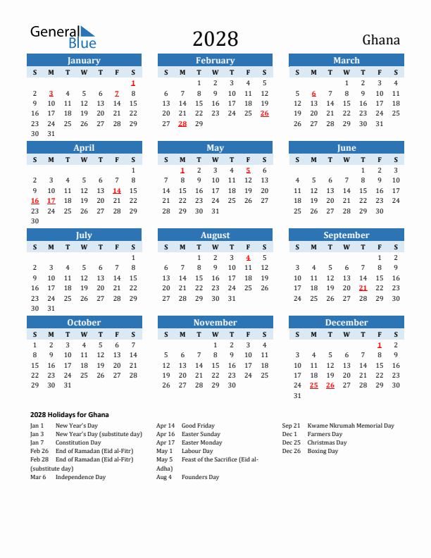 Printable Calendar 2028 with Ghana Holidays (Sunday Start)