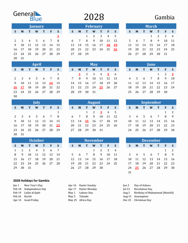 Printable Calendar 2028 with Gambia Holidays (Sunday Start)