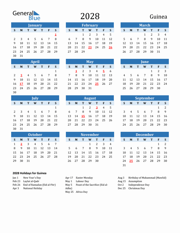 Printable Calendar 2028 with Guinea Holidays (Sunday Start)