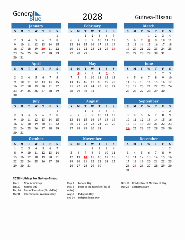Printable Calendar 2028 with Guinea-Bissau Holidays (Sunday Start)