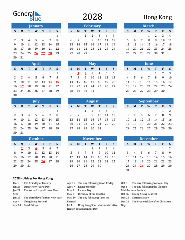 Printable Calendar 2028 with Hong Kong Holidays (Sunday Start)