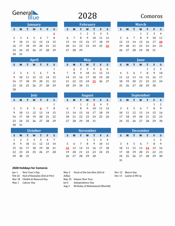 Printable Calendar 2028 with Comoros Holidays (Sunday Start)