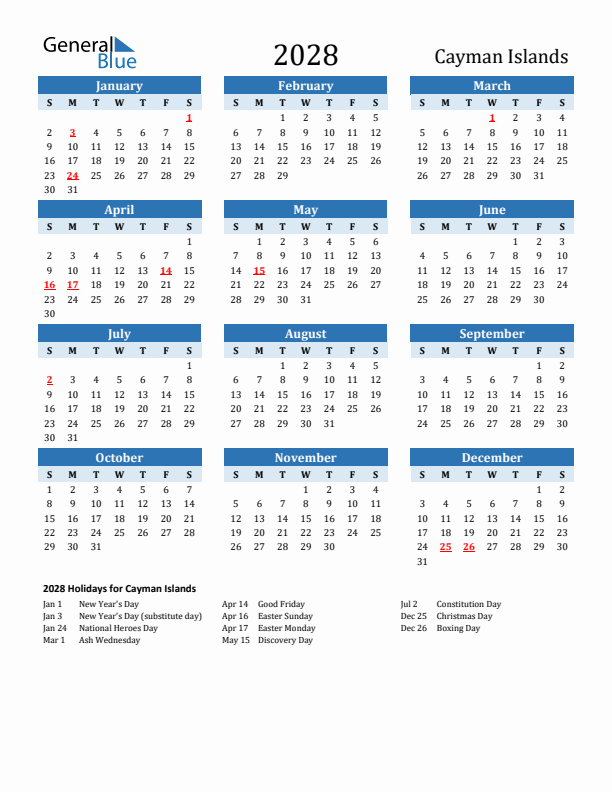 Printable Calendar 2028 with Cayman Islands Holidays (Sunday Start)