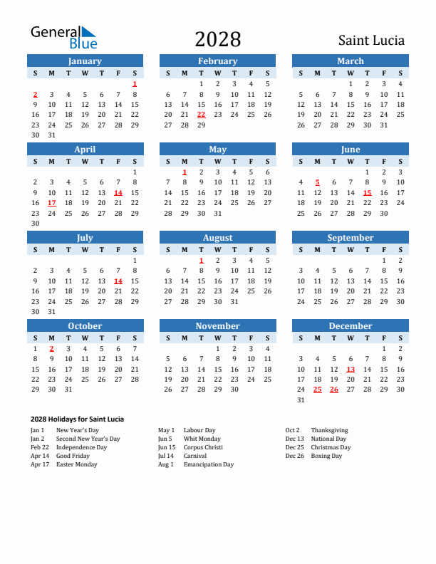 Printable Calendar 2028 with Saint Lucia Holidays (Sunday Start)