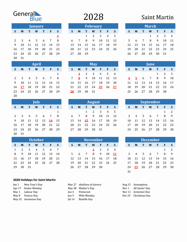 Printable Calendar 2028 with Saint Martin Holidays (Sunday Start)