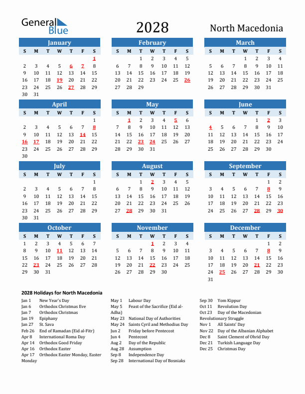 Printable Calendar 2028 with North Macedonia Holidays (Sunday Start)