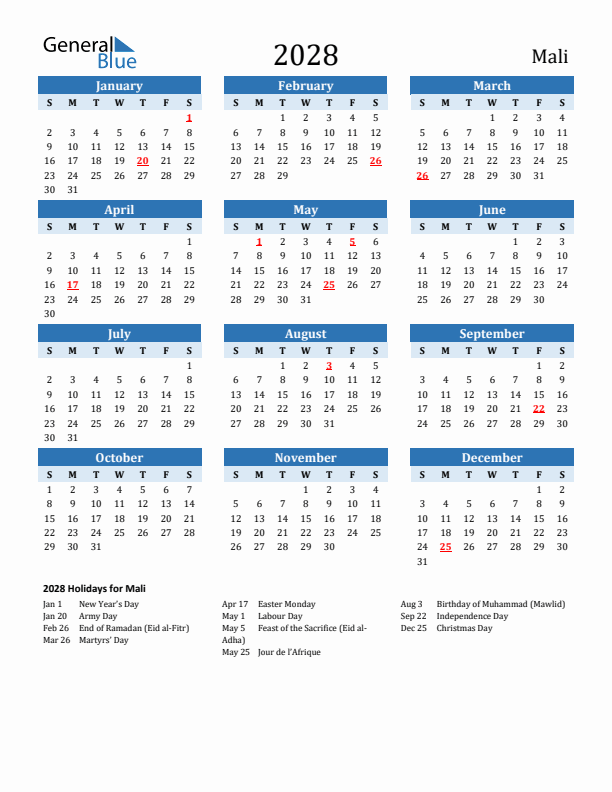Printable Calendar 2028 with Mali Holidays (Sunday Start)