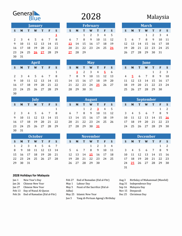Printable Calendar 2028 with Malaysia Holidays (Sunday Start)