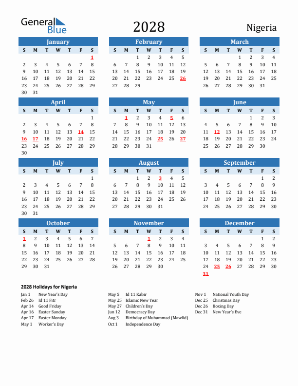 Printable Calendar 2028 with Nigeria Holidays (Sunday Start)