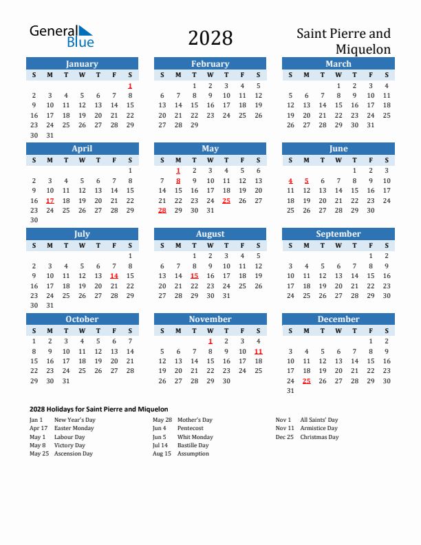 Printable Calendar 2028 with Saint Pierre and Miquelon Holidays (Sunday Start)