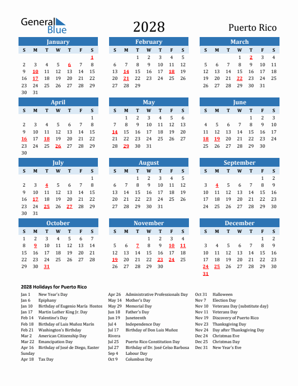Printable Calendar 2028 with Puerto Rico Holidays (Sunday Start)
