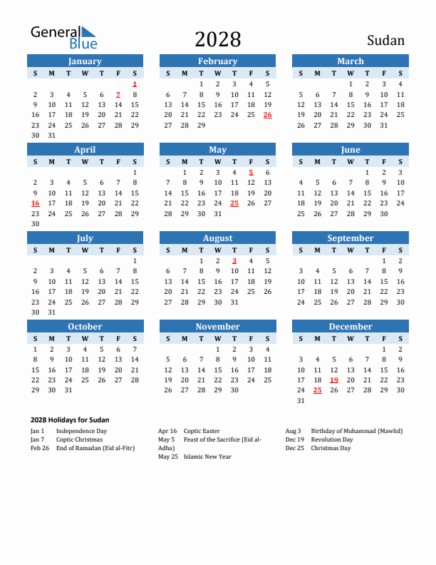 Printable Calendar 2028 with Sudan Holidays (Sunday Start)