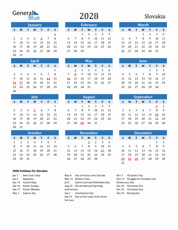 Printable Calendar 2028 with Slovakia Holidays (Sunday Start)
