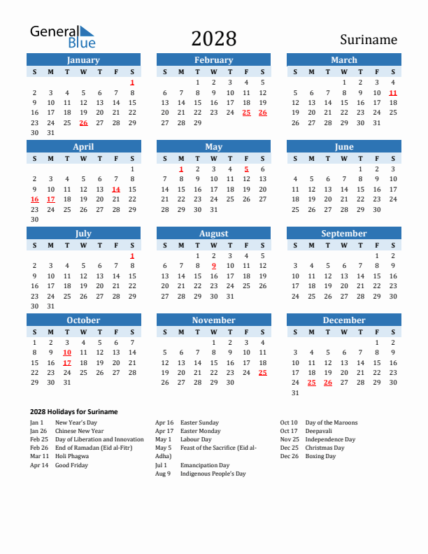 Printable Calendar 2028 with Suriname Holidays (Sunday Start)