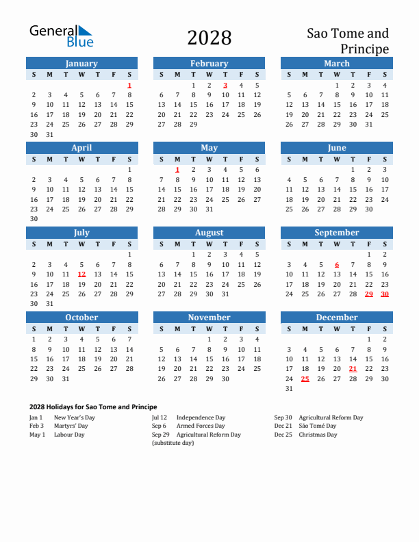 Printable Calendar 2028 with Sao Tome and Principe Holidays (Sunday Start)
