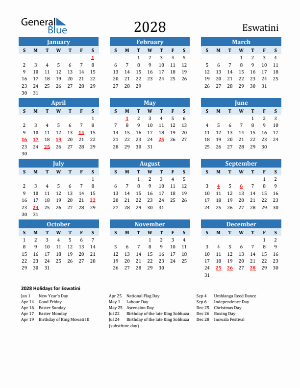 Printable Calendar 2028 with Eswatini Holidays (Sunday Start)