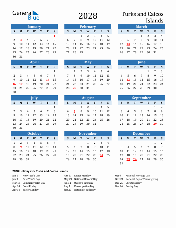 Printable Calendar 2028 with Turks and Caicos Islands Holidays (Sunday Start)